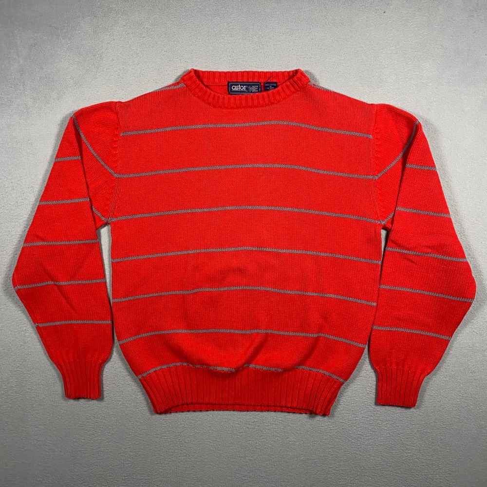 Astor One Knit Sweater Mens M Red Grey Striped Cotton Crewneck Vintage Style